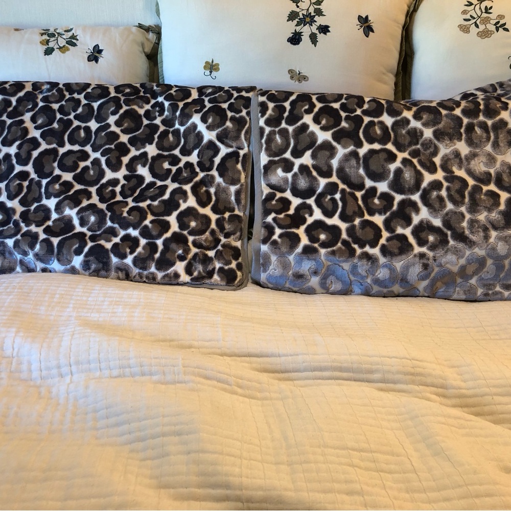 Pair of  Lee Jofa silk velvet Leopard Print pillow covers. 24” x 20”h